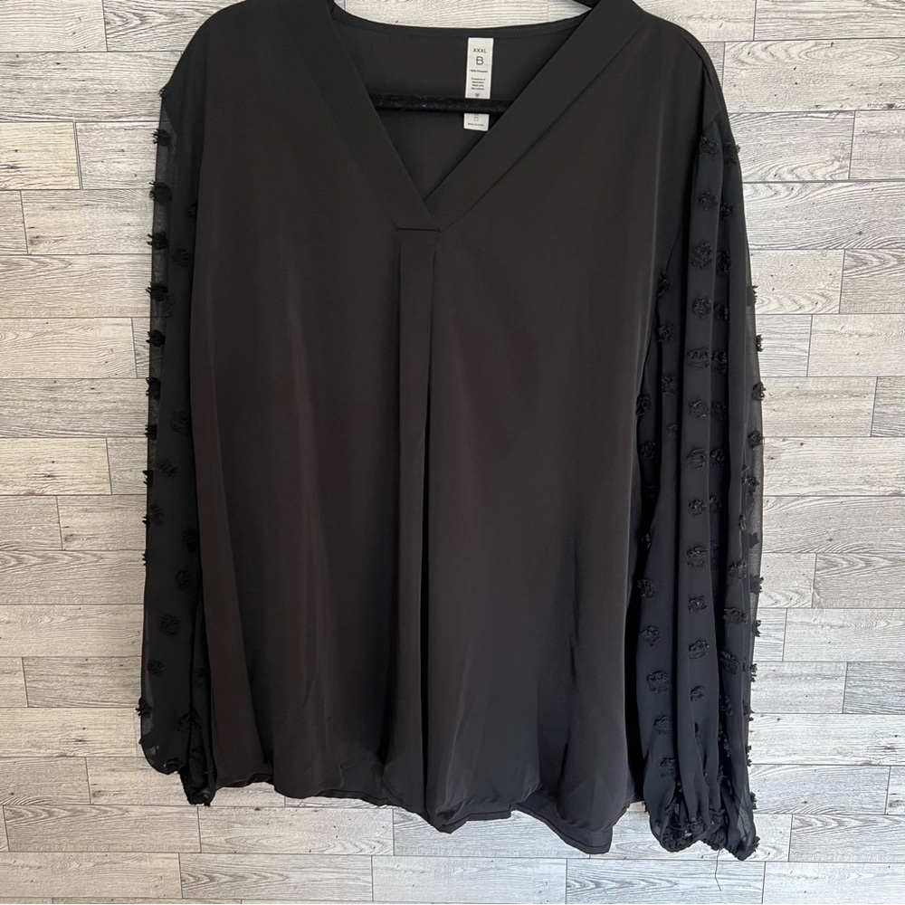 BMJL Women’s‎ Size XXXL Black Top Sheer Long Sleeves w/ Swiss Dot Design V-Neck